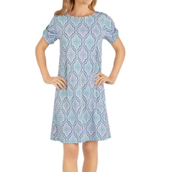Ruby Rd short sleeve shift Tee dress. Size PXL. Blue Slate, White, Purple, Green - Picture 7 of 8